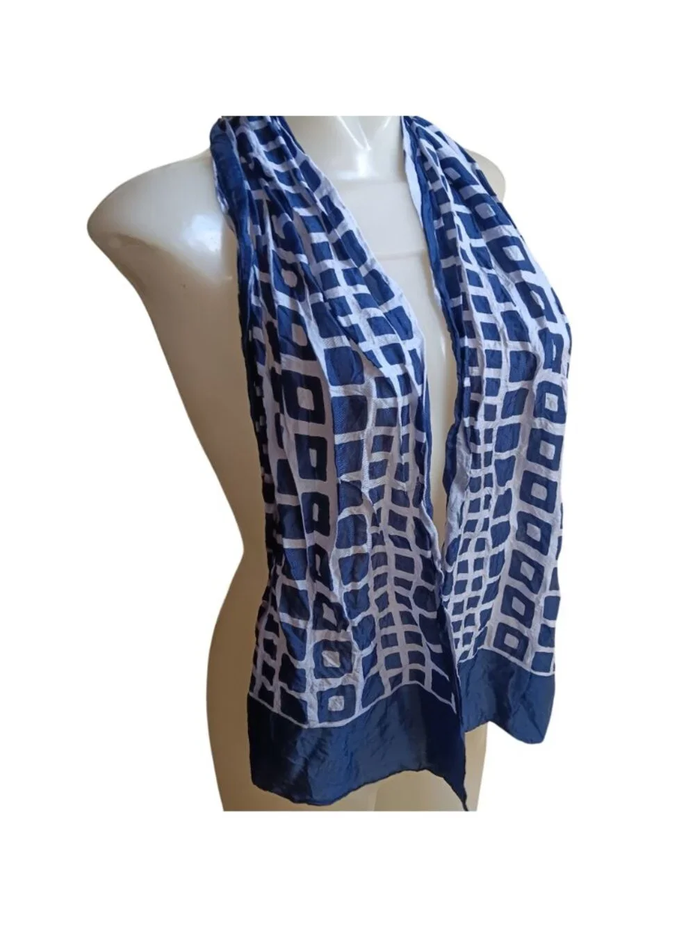 Vintage 1970's Blue White Geometric Lightweight Sheer Scarf - Rectangular Hippy